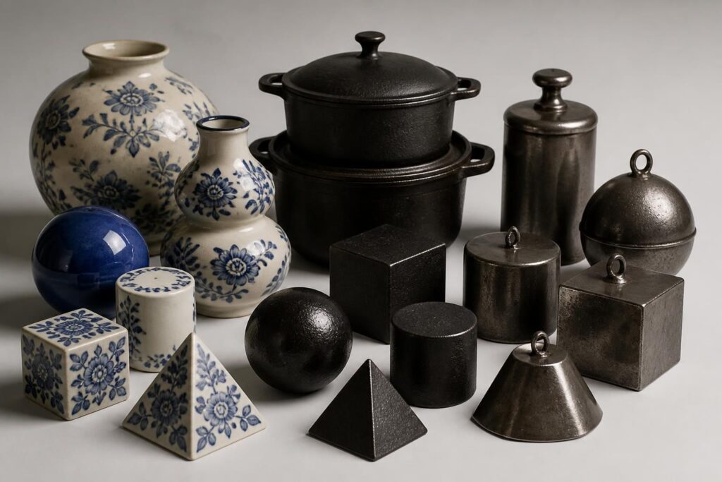 Objet en F : identifier les objets en faïence, fonte, fer et formes géométriques