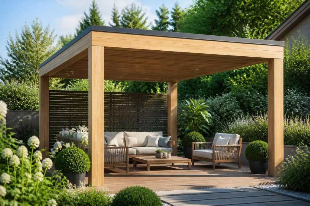 découvrez nos pergolas bois à toit plat, étanches et design, avec des plans détaillés pour aménager un extérieur élégant et fonctionnel.